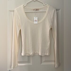 NWT Marine Layer Lexi Rib Pointelle Scoop Long Sleeve Tee, Antique White, M